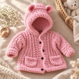 Può includere: Un cardigan per neonati in maglia grossa di colore rosa tenue, dotato di un cappuccio con due piccole orecchie arrotondate sulla parte superiore. Il capo presenta maniche lunghe, due tasche frontali e si chiude al centro con quattro bottoni scuri.