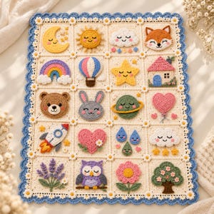 Crochet Blanket Pattern PDF, Applique Baby Blanket, Kawaii Patchwork Blanket, 20 Motif Crochet Afghan Pattern