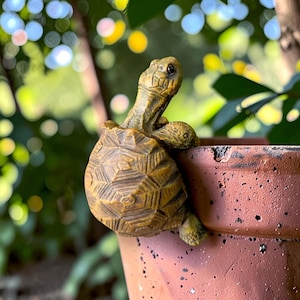 May include: A small, brown, textured turtle figurine with a detailed shell pattern, perched on the rim of a terracotta-coloured plant pot. The turtle has an elongated neck and is positioned as if climbing over the edge of the container.