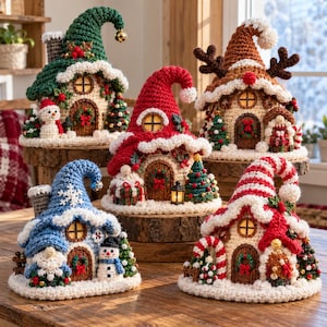May include: Five crocheted house-shaped ornaments featuring pointed roofs, arched doors with wreaths, and festive accents like snowmen, miniature trees, and candy canes. Each structure is crafted with yarn in colors including green, red, blue, and brown, with white trim resembling snow.