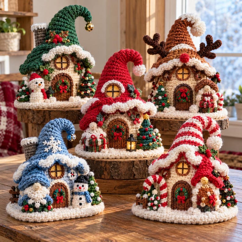 May include: Five crocheted house-shaped ornaments featuring pointed roofs, arched doors with wreaths, and festive accents like snowmen, miniature trees, and candy canes. Each structure is crafted with yarn in colors including green, red, blue, and brown, with white trim resembling snow.