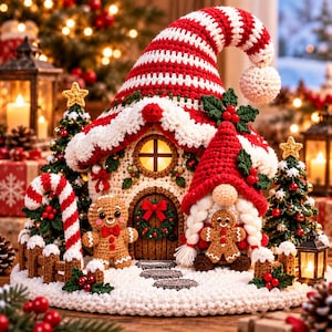 May include: A crochet gingerbread house display featuring a large red and white striped hat roof, a gnome with white braids, two gingerbread figures, two small decorated Christmas trees, a candy cane, and a snowy base with holly.