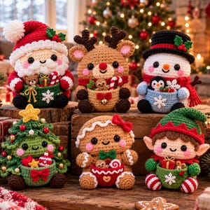 May include: A collection of six crocheted Christmas figures including Santa Claus, a reindeer, a snowman, a decorated tree, a gingerbread person, and an elf, each holding a small basket filled with festive holiday items.