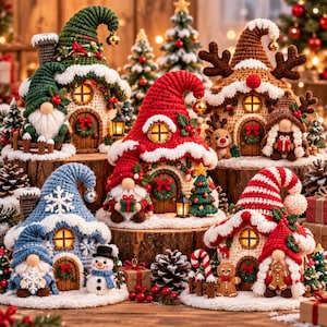May include: A collection of five crocheted Christmas-themed houses and gnomes. Each house features a pointed roof, a glowing window, and a small door. The gnomes are decorated with festive elements like snowflakes, candy canes, and gingerbread.