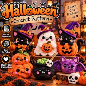 May include: A digital PDF crochet pattern featuring Halloween-themed amigurumi characters including a black cat in a witch hat, a white ghost holding a pumpkin, a black cat in a pumpkin, a stacked pumpkin, a black cauldron, and a purple bat.
