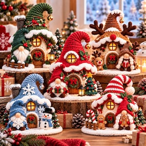 May include: A collection of five crocheted Christmas-themed houses and gnomes. Each house features a pointed roof, a glowing window, and a small door. The figures include gnomes, a snowman, and a gingerbread person, all decorated with festive details.