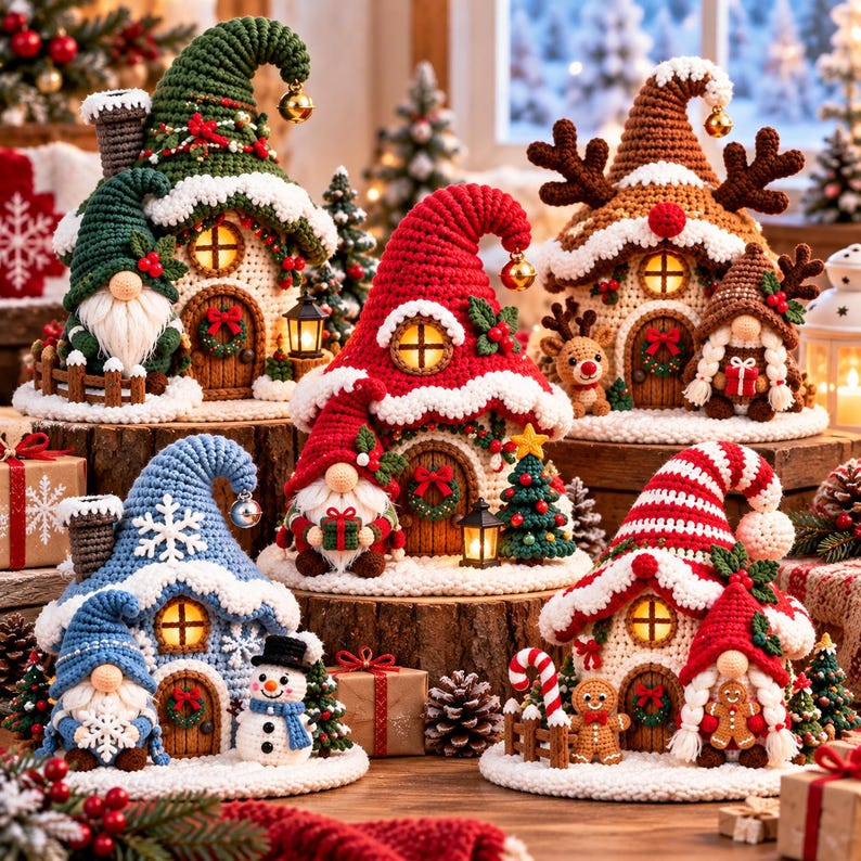 May include: A collection of five crocheted Christmas-themed houses and gnomes. Each house features a pointed roof, a glowing window, and a small door. The figures include gnomes, a snowman, and a gingerbread person, all decorated with festive details.