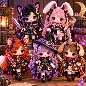 May include: Five handcrafted crochet dolls featuring diverse hair colours, animal ears, and horns. Each doll wears a detailed outfit with capes, belts, and accessories like wands or swords, adorned with star and moon charms in a fantasy-inspired style.