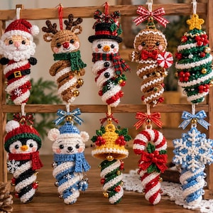 May include: A collection of ten crocheted Christmas ornaments hanging from a wooden frame. The figures include Santa, a reindeer, a snowman, a gingerbread person, a tree, a penguin, a bear, a bell, a candy cane, and a snowflake.