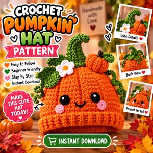 May include: A crochet pumpkin hat pattern featuring a bright orange hat with a smiling face, black eyes, pink cheeks, a green stem, leaves, and a white flower. The image includes text: CROCHET PUMPKIN HAT PATTERN, Easy to Follow, Beginner Friendly, Step by Step, Instant Download.