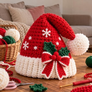May include: A red crocheted Santa hat featuring a white ribbed brim, a white pom-pom, and white snowflake embroidery. The hat is decorated with a crocheted holly leaf and berry accent with a red and white striped bow attached to the front.