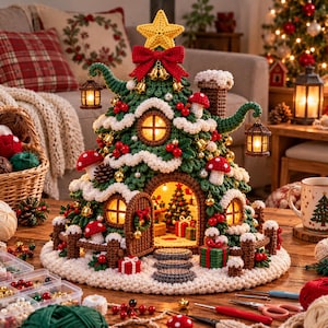 Christmas Tree House Amigurumi Crochet Pattern | Fairy Cottage with Lights (PDF Download)
