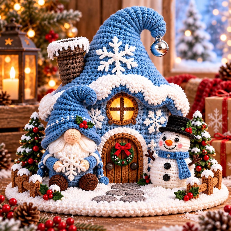 May include: A crochet house with a blue roof, white snowflake accents, and a chimney, featuring a gnome holding a snowflake and a snowman with a black hat and blue scarf standing in front of a brown door with a wreath on a snowy base.