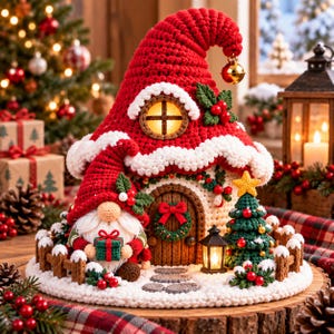 May include: A crochet gnome house with a red pointed roof, a white trim, and a round window. A small gnome holds a green gift in front of a brown door with a wreath. A green Christmas tree, a black lantern, and a wooden fence sit on a snowy base.
