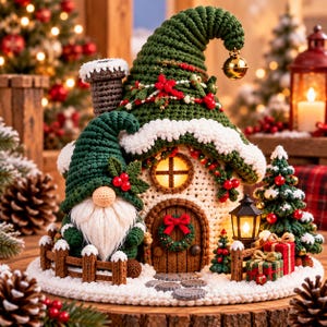 May include: A crocheted gnome house with a tall green pointed roof, a white textured base, and a brown door with a wreath. A gnome with a white beard stands by a brown fence. The scene includes a small lantern, gift boxes, and pine trees.