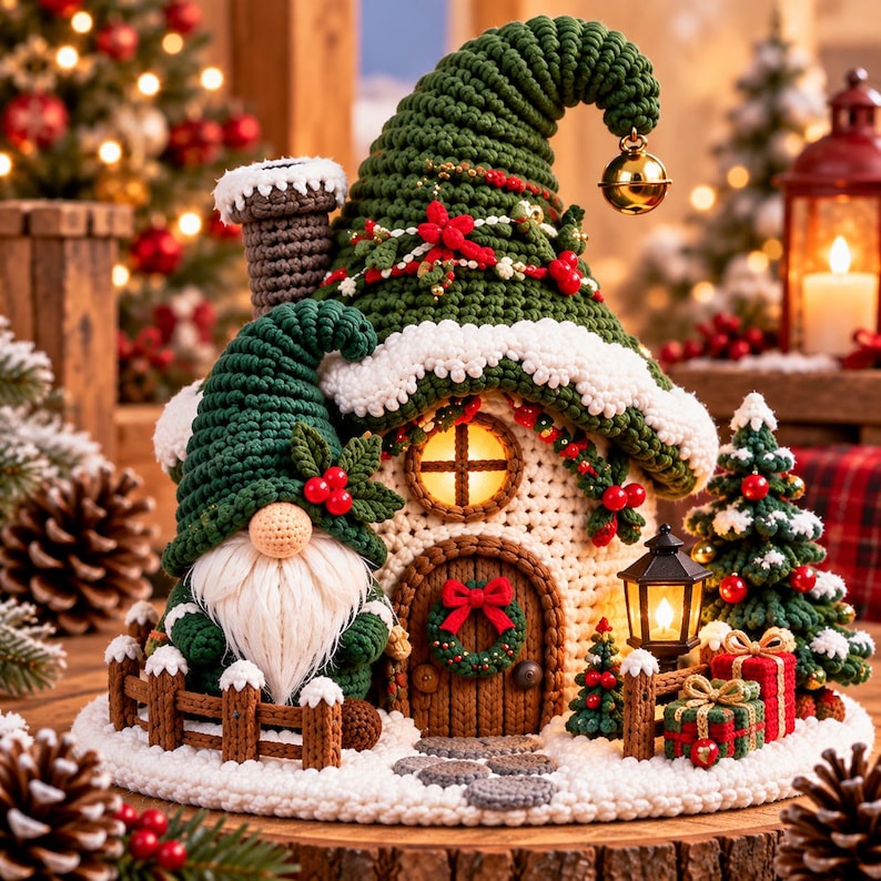 May include: A crocheted gnome house with a tall green pointed roof, a white textured base, and a brown door with a wreath. A gnome with a white beard stands by a brown fence. The scene includes a small lantern, gift boxes, and pine trees.