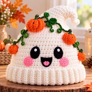 May include: A white crochet beanie shaped like a ghost, featuring a ribbed brim, large black eyes, a smiling mouth with a pink tongue, and two pink cheeks. A green vine with four small orange pumpkins is draped across the top.