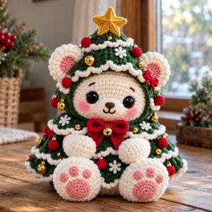May include: A cream-colored crocheted bear wearing a dark green Christmas tree costume. The costume features a yellow star on top, red pom-poms, gold ornaments, and white snowflake accents. A large red bow sits at the center, and the bear has pink paw pads.
