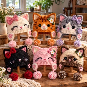 May include: Six crocheted cat-themed beanies with earflaps and pom-poms. The hats feature embroidered faces, whiskers, and paw prints on the flaps. Designs include a cream hat with a pink bow, an orange tabby, a gray cat with purple bows, a black cat with a red bow, a pink cat with flowers, and a brown and cream cat with flowers.