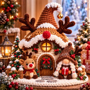 May include: A crocheted Christmas house with a brown roof, white trim, and reindeer antlers. A small crocheted reindeer and a gnome with white braids holding a red gift sit in front of the door, which features a green wreath with a red bow.