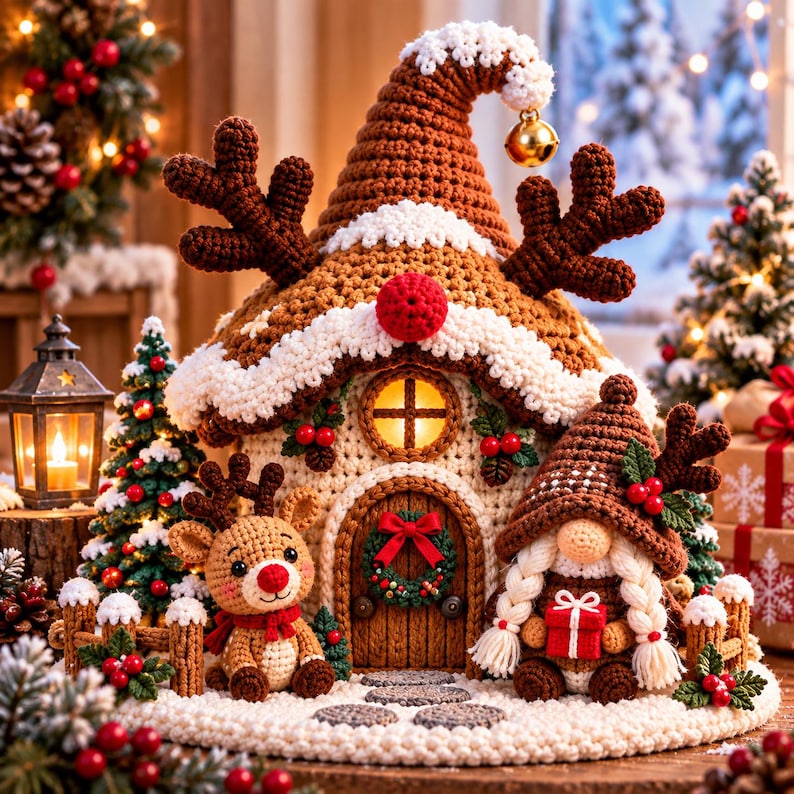 May include: A crocheted Christmas house with a brown roof, white trim, and reindeer antlers. A small crocheted reindeer and a gnome with white braids holding a red gift sit in front of the door, which features a green wreath with a red bow.