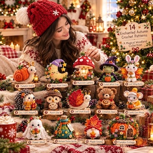 May include: A collection of 14 crocheted figures including a pumpkin snail, sleepy moon, mushroom lantern, forest witch frog, leaf-wing bunny, scarf hedgehog, acorn owl, leaf snail, cinnamon bear, candy corn mouse, flower ghost, potion bottle, maple gnome, and pumpkin cottage.