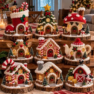 May include: A collection of nine crocheted Christmas-themed structures, including houses, a stocking, a teapot, and a barn, each illuminated from within and displayed on individual circular wooden log slices with miniature trees and snow.