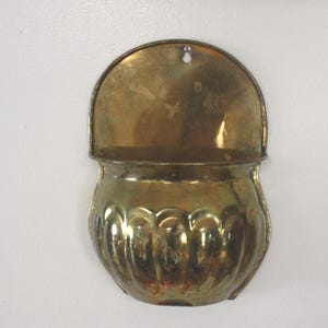 Peut inclure: Une jardinière murale en laiton dotée d'une plaque arrière semi-circulaire avec un petit trou pour la suspension et d'une section avant arrondie en forme de bol. La partie inférieure du récipient en laiton présente une texture cannelée.
