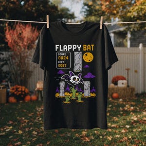 Maglietta con tema cimitero arcade di Flappy Bat / Design del gioco pixel di Halloween
