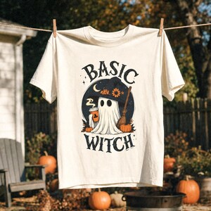 Basic Witch ghost graphic Tee | Halloween pumpkin broom coffee