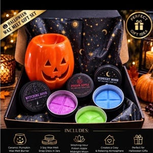 May include: A Halloween wax melt gift set in a black box containing an orange ceramic pumpkin wax melt burner and three soy wax melt snap discs in jars labeled Witching Hour, Poison Apple, and Midnight Moon, with purple, green, and blue wax.