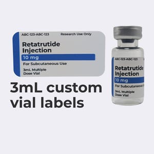 May include: A clear glass vial with a gray cap and a white label featuring blue accents. The label text reads: ABC-123-ABC-123, Research Use Only, Retatrutide Injection, 10 mg, For Subcutaneous Use, and 3mL Multiple Dose Vial. A separate label is shown.