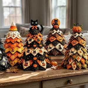 May include: Six decorative fabric trees featuring Halloween themes. The trees are constructed from layered, quilted fabric triangles in black, orange, and white, adorned with patterns of pumpkins, cats, ghosts, and haunted houses, with some topped by figures.