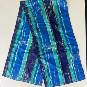 Vintage Vera Neumann Silk Scarf Long Rectangle Stripe Abstract Blue Teal 1970s