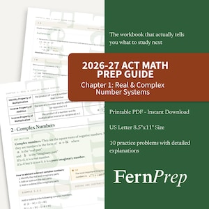 May include: A 2026-27 ACT Math Prep Guide workbook in US Letter 8.5"x11" size. The cover features a dark green background with a brown rectangular overlay containing white text. It includes 10 practice problems with detailed explanations.