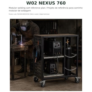 May include: A black metal modular welding cart with four caster wheels, two shelves, and a side compartment for a gas cylinder secured by chains. The cart holds a welding machine and wire feeder. Text reads FORGIA MAKER LAB W02 NEXUS 760.