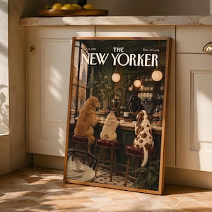 May include: A framed print of a The New Yorker magazine cover dated July 14, 1976, featuring an illustration of three dogs sitting on stools at a coffee shop counter, with a black dog behind the counter and warm globe lighting overhead.