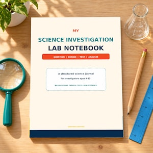 Puede incluir: Un cuaderno de laboratorio científico de color crema con texto en azul oscuro y rojo que dice MY SCIENCE INVESTIGATION LAB NOTEBOOK, QUESTION | DESIGN | TEST | ANALYZE y A structured science journal for investigators ages 9-12. BIG QUESTIONS. CAREFUL TESTS. REAL EVIDENCE.