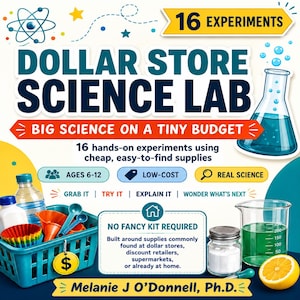 Könnte beinhalten: Ein Buchcover mit dem Titel Dollar Store Science Lab und dem Text 16 Experiments sowie Big Science on a Tiny Budget. Das Design zeigt einen blauen Kunststoffkorb mit Zubehör, ein Glasbecherglas mit grüner Flüssigkeit und eine halbe Zitrone.