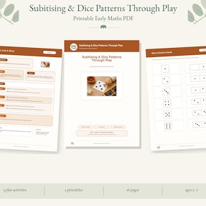 Op de afbeelding: Een printbaar PDF-educatief hulpmiddel getiteld Subitising & Dice Patterns Through Play, met drie pagina's met wiskunde-activiteiten, dobbelsteenpatronen en dominokaarten, inclusief instructies en visuele voorbeelden.