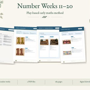 May include: A digital educational resource titled Number Weeks 11-20, Play-based early maths method. The document contains 189 pages across 2 PDF files, featuring lesson plans with text and images of number-themed activities for early childhood learning.