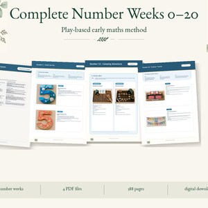 Könnte beinhalten: Eine digitale Bildungsressource mit dem Titel Complete Number Weeks 0-20, die eine spielbasierte Frühmathematik-Methode vorstellt. Das Dokument umfasst 388 Seiten in 4 PDF-Dateien und beschreibt 21 Wochen mit Anleitungstexten und Bildern zu Aktivitäten.