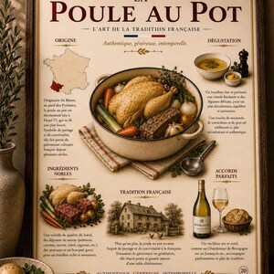 Peut inclure: Une affiche culinaire encadrée intitulée LA POULE AU POT présentant une illustration centrale de ragoût de poulet dans une marmite, une carte de France, des ingrédients, une bouteille de vin avec un verre et du texte descriptif en français.