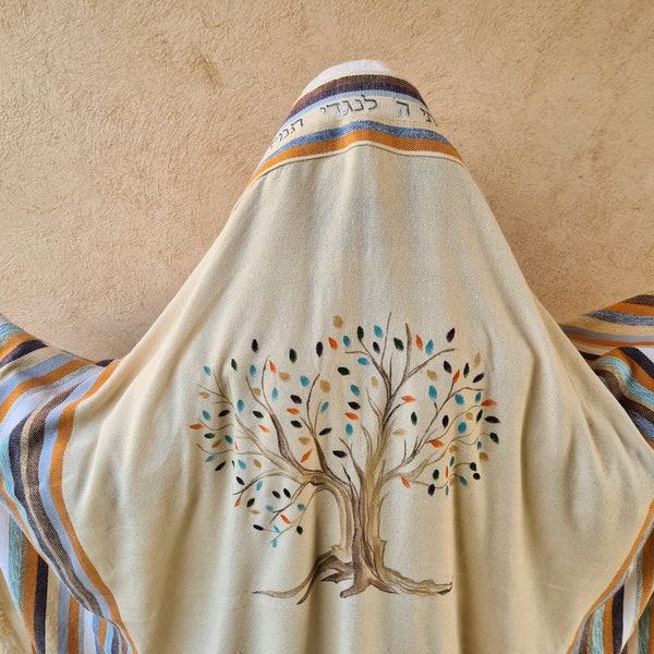 Custom Tallit, Tree of Life Art, Jewish Prayer Shawl, Jewish Gift Judaica, Woven Tallit White, Cotton Tallit Hebrew, Israeli Tallit Handmade