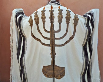 Prayer Shawl Set, Judaica Gift, Menorah Tallit, Jewish Prayer Shawl, Tallis Cotton Tallit, Tallit Man, White Prayer Shawl, Tallit Set, Talit
