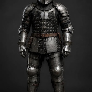 Puede incluir: Una armadura completa de placas de acero que incluye un casco de metal pulido con visera, hombreras articuladas, guanteletes y grebas. El torso consiste en una brigantina oscura remachada sobre un cuello de cota de malla, asegurada con un cinturón de cuero marrón.