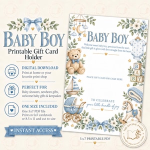 Può includere: Un portacarte regalo stampabile per bambino con illustrazioni ad acquerello di un orsetto, una barca a vela, una carrozzina, un cavallo a dondolo e vestiti da neonato. Il design include fiocchi blu, fiori e la scritta BABY BOY.
