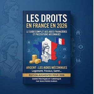 Könnte beinhalten: Ein dunkelblaues Buch mit dem Titel Les Droits en France en 2026, das eine Karte von Frankreich mit der französischen Flagge, ein Porträt von Marianne und einen Stapel Goldmünzen zeigt. Der Einband enthält Text zu Finanzhilfen und Gesundheit.