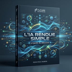 Könnte beinhalten: Ein dunkelblaues Hardcover-Buch mit dem Titel L'IA RENDUE SIMPLE Le guide du débutant von Jean-Paul Dubois. Das Cover zeigt eine leuchtende digitale Netzwerkgrafik mit Schaltkreis-Symbolen, Lichtstreifen und dem Future Business Logo.