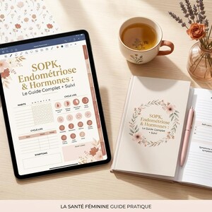 May include: A digital tablet displaying a health tracker titled SOPK, Endométriose & Hormones: Le Guide Complet + Suivi, alongside a matching physical notebook with a floral wreath cover, a pink pen, a ceramic mug, and a glass vase with dried roses.